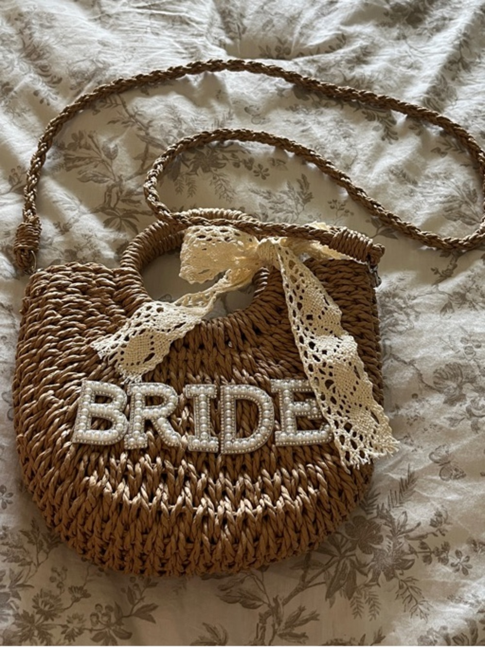 BRIDE Natural Woven Straw Crossbody Bag with Lace Accent